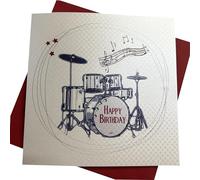 White Cotton Cards Carte d'anniversaire faite à la main « Drums Happy Birthday », SB53, gris, 16 cm x 16 cm