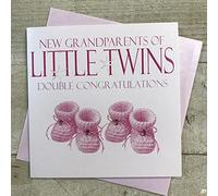 White Cotton Cards Carte de félicitations pour grands-parents pour bébé, jumeaux, double félicitations, chaussons roses faits à la main N225-G