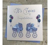 WHITE COTTON CARDS Faire-Part de Naissance Fait Main Inscription It's Twins Congratulations Motif landaus Bleus