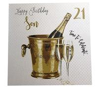 White Cotton Cards-Fils WBS21 Seau à Champagne Pailleté Fils, Joyeux Anniversaire 21» Carte d'anniversaire Faite à la Main Blanc