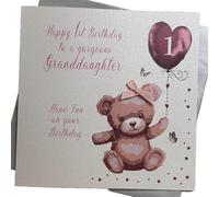 WHITE COTTON CARDS Grande Carte Rose Lapin, Gorgeous Granddaughter 1 Have Fun on Your Birthday Carte de 1er Anniversaire Faite Main