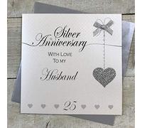 WHITE COTTON CARDS LLA25H Carte de 25e anniversaire de mariage en argent faite à la main Motif lignes d'amour Blanc/gris/noir