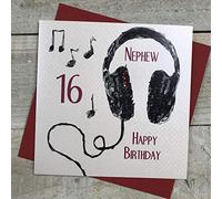 WHITE COTTON CARDS SB54-N16 Carte d'anniversaire Faite à la Main pour Neveu 16 Ans avec écouteurs Blanc