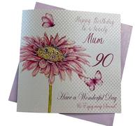 WHITE COTTON CARDS wba90 Motif Mum Rose Gerbra 90, Mum Happy Birthday Have a Wonderful Day Fait Main Carte de souhaits Motif mom 90th Birthday