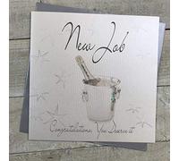 WHITE COTTON CARDS XLWB28 Grande Carte pour Nouveau Travail Faite à la Main, Motif Seau et Champagne avec Inscription « New Job Congratulations »