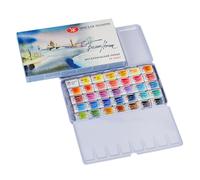 White Nights aquarelle russe en set, 35 couleurs en godets entiers dans une boîte métallique bleu clair, haute brillance et luminosité.