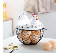 (white) Panier de rangement en céramique et fer 19x16x10 cm pour œufs, fruits et en-cas, motif poussin, disponible en plusieurs couleurs