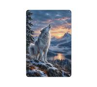 White Wolf Howling at Sunset Over Mountains Plaque Métal, Décoration Murale | Préparez la pièce pour l'hiver avec des plaques déco métal et un petit accent déco.