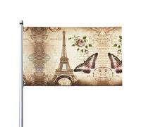 WHJSHOP Drapeau vintage Paris Tour Eiffel et papillons imprimés pour décoration extérieure - Bannière en polyester vif pour cour, terrasse, fête et plus encore - 0,9 x 1,5 m