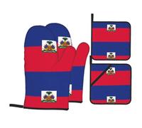 WHJSHOP Ensemble de gants de cuisine et maniques imprimés drapeau haïtien - Couches de cuisine imperméables et résistantes à la chaleur - Housses durables pour une cuisine sûre et un nettoyage facile