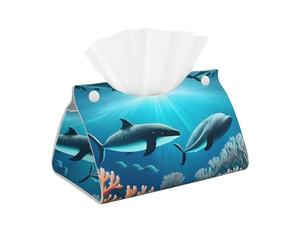 WHJYYXDE Long couvercle de boîte à mouchoirs pour la décoration et l'organisation de la maison avec matériau en cuir PVC imperméable et durable imprimé baleines sous la mer
