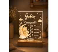 WholeSome Tech. Veilleuse Fiche de Naissance Personnalisée Ourson - Prénom Date Heure Poids Taille - Lampe LED Acrylique Socle Bois - Imprimée en France - Cadeau Naissance Baptême Bébé Baby Shower