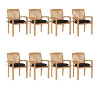 WHOPBXGAD Teck Massif empilables Design Lattes Ensemble de 8 Noir | Chaises de jardin empilables lot de 8 en teck solide avec coussins noirs pour terrasse