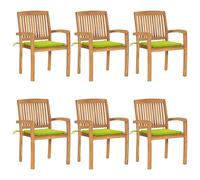 WHOPBXGAD Teck Massif empilables Lattes Design Lot de 6 Vert | Lot de 6 chaises de jardin empilables en teck solide avec coussins verts pour terrasse patio