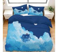 WHUOEUCO Housse de Couette 200x200cm Nuages Bleus Maisons Parures de Lit 3D Imprimée, Douce Polycoton Housse de Couette avec 2 Taie d'oreiller 65x65cm, pour Enfant Adulte