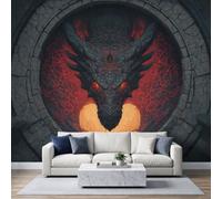 WHUOEUCO Papier Peint Panoramique Salon Lave Dragon Noir | Papier Peint Photo Intissé Arche Pierre Ronde Poster Tapisserie Mural 300x210 cm pour Chambre , Salle à Manger, Décor Fond TV