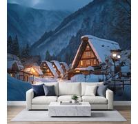 WHUOEUCO Papier Peint Photo Panoramique Européen Village Hiver | Papier Peint Intissé 350x256 cm Chalet Bois Lampadaire Poster Fresque Mural Tapisserie Pour Salon Chambre à Coucher
