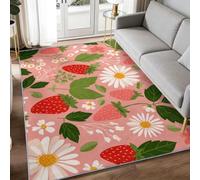 WHUOEUCO Tapis Enfant Fraises Roses Marguerites 60x120cm Tapis Salon Grande Poils Courts Doux, Design Antidérapant Moderne, pour Cuisine, Salle à Manger, Bureau et Chambre