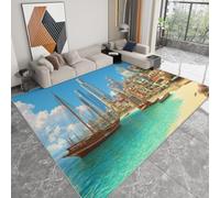 WHUOEUCO Tapis Salon Moderne Poils Courts Gratte-Ciel en Bord De Mer Petits Bateaux 180x240cm Tapis Lavable Antidérapant Doux pour Chambre, Cuisine, Salle à Manger et Bureau
