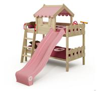 WICKEY Lit superposé avec toboggan CrAzY Fancy lit maison entfant rose pastel