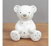Widdop & Co. Bambino Tirelire en résine blanche 12 x 11 x 9 cm - Ours en peluche avec étoiles en cristal - Cadeau de naissance pour baptême ou fête prénatale