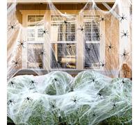 WideSmart Toile d'araignée décorative d'Halloween 200 g et 30 araignées noires, décoration réaliste et extensible pour extérieur, jardin, Halloween, fête d'horreur