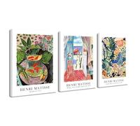 Wieco Art Henri Matisse Lot de 3 affiches esthétiques sur toile représentant une femme avec un parapluie rouge, poisson rouge paysage à Collioure Art Exposition Matisse Impressions pour décoration