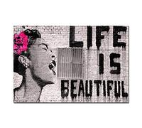 Wieco Art Impression moderne sur toile de Life is Beautiful par Banksy pour décoration murale de chambre à coucher ou bureau Gris Cadre noir, gris, 16x12inch (40x30cm)