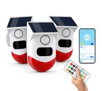 WiFi Detecteur de Mouvement, Sirene Alarme Extérieur/Intérieur Alimentation Solaire Prise en Charge, Volume 0~120dB, Contrôle à Distance, Réglage Horaire, avec Télécommande, Kit de 3 détecteurs
