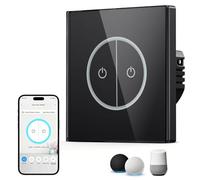 WiFi Interrupteur Tactile, 2 Gang 1 Voie Interrupteur Connecté de Verre | Noir, Fil Neutre Requis, Interrupteur WiFi compatible avec Alexa/Google, Interrupteur Mural avec Tuya/Smart Life