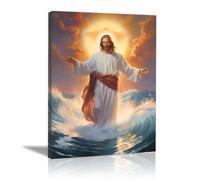 WIKEO JéSus Christ Toile Tableau Jésus marchant sur l’eau Affiche Et Style Campagnard Toile Tableau, Decoration à La Maison Murale Tableaux salon, chambre(Blue 7)-60x90cm Encadrée
