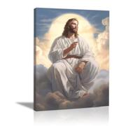 WIKEO Tableau Jésus Poster de décoration Affiche de Jésus dans les Nuages nordique Impression sur toile Motif, Jesus Tableau religieux Salon Chambre(Blanc 2)-50x70cm Encadrée