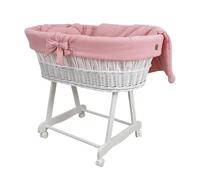 Wiklinopol Couffin Bébé Amelia en Osier avec Support et Matelas - Berceau à roulettes en Blanc - Ensemble 4 Pièces de Linge en Mousseline Rose - Portable et Idéal pour Nouveau-Né