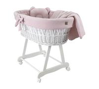 Wiklinopol Couffin Bébé Amelia en Osier avec Support et Matelas - Berceau à roulettes en Blanc - Ensemble 4 Pièces de Linge en Mousseline Doré-Lilas - Portable et Idéal pour Nouveau-Né