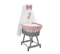 Wiklinopol Couffin Bébé avec Ciel de Lit - Berceau à roulettes en Osier avec Support - Ensemble Complet en Gris avec 5 Pièces de Linge Nid d’Abeille Motif Lapin Rose