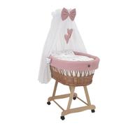 Wiklinopol Couffin Bébé avec Ciel de Lit - Berceau à roulettes en Osier avec Support - Ensemble Complet en Naturel avec 5 Pièces de Linge Nid d’Abeille Motif Lapin Rose