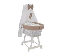 Wiklinopol Couffin Bébé avec Ciel de Lit - Berceau à roulettes en Osier avec Support - Ensemble Complet en Blanc avec 5 Pièces de Linge Nid d’Abeille Motif Safari Beige