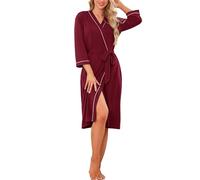 Wikoan Peignoir Long Pour Femme Confortable Robes de Chambre avec Col V Manches Longues Léger Kimono Femme Nuit pour Toutes les Saisons Rouge Foncé S