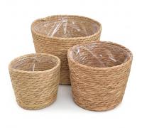 Wilafury Ensemble de paniers à Plantes en Osier 3 pièces, jardinière en jonc de mer tissé à la Main avec Doublure en Plastique, couvertures Plantes décoratives pour la Maison, la Cuisine et Le Patio