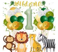 Wild One Décoration D'anniversaire 1er Anniversaire,Ballons Animaux Jungle 1 An,Jungle Decoration Anniversaire 1 An Garcon Fille,Animaux de La Forêt,Ballons en Aluminium Vert,Bannière
