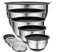 Wildone Lot de 5 bols à mélanger en acier inoxydable avec couvercles hermétiques, 3 accessoires à râpe, marques de mesure et fond antidérapant Tailles 5, 3, 2, 1,5, 0,63 QT