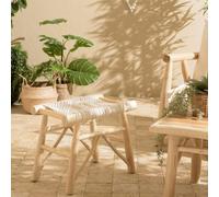 Will - tabouret en bois teck naturel assise en macramé blanc