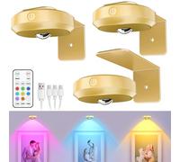 WILLED 3 PCS Lampe Tableau sans Fil Rechargeable, Eclairage Tableau Led Pile Avec Télécommande et Contrôle Tactile, Spot LED sans Fil, 9 Couleurs RGB et Fonction de Minuterie, pour Cuisine, Doré
