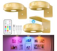 WILLED 3 PCS Lampe Tableau sans Fil Rechargeable, Eclairage Tableau Led Pile Avec Télécommande et Contrôle Tactile, Spot LED sans Fil, 9 Couleurs RGB et Fonction de Minuterie, pour Cuisine, Doré