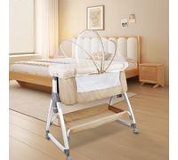 Willonin 3 en 1 Berceau Cododo pour Bébé,Lit Cododo Bébé 1-36 Mois avec Roues, Matelas et Moustiquaire, 6 réglables en Hauteur,80 * 40 * 100-116cm，Beige
