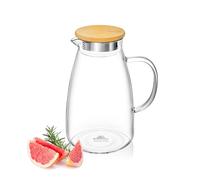 Wilmax - Carafe en verre avec couvercle en bambou - 1900 ml - Carafe pour boissons chaudes ou froides - Carafe en verre borosilicaté - Pichet en verre pour thé, jus, lait - Pichet en verre