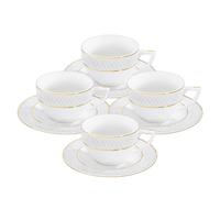 Wilmax - Tasses avec soucoupes - Motif doré - Lot de 4-170 ml - Tasses à café en porcelaine - Blanc - Service de table pour 4 personnes - Service de tasses pour café, thé, desserts