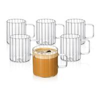 Wilmax - Verres isothermes avec anse - Lot de 6-300 ml - Verres en verre cannelé pour l'eau, le thé, le café - Verres à thé et à café - Gobelets - Lavables au lave-vaisselle