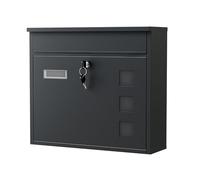 Wiltec Boîte aux lettres murale V12, Verrouillable, Noire, Acier galvanisé, 362 x 115 x 315 mm, avec Clapet, Fenêtres et Porte-nom