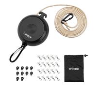Wiltec Corde à linge télescopique noire de 10 m, corde à linge de camping avec 20 pinces à linge, pouvant supporter jusqu'à 75 kg